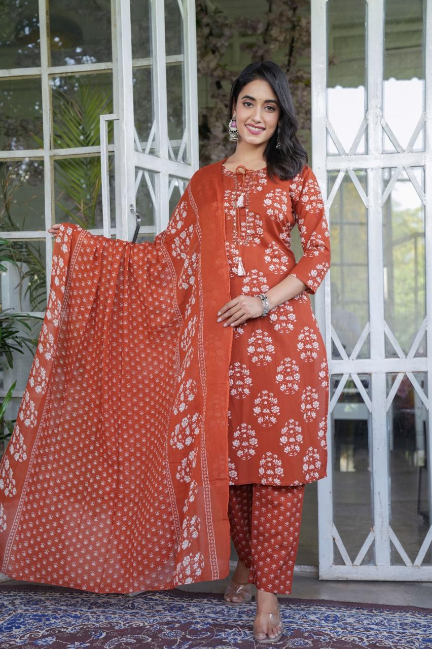 Handblock Printed Cotton Suit Set with Dupatta