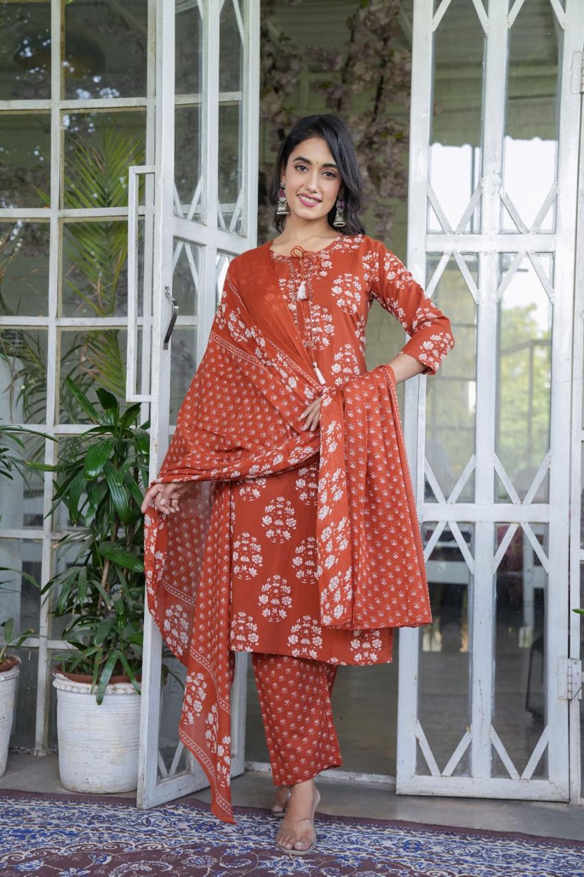 Handblock Printed Cotton Suit Set with Dupatta