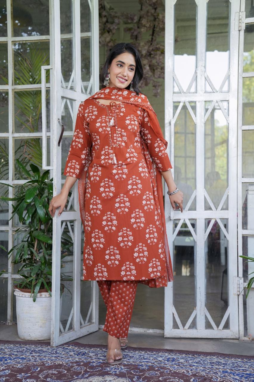 Handblock Printed Cotton Suit Set with Dupatta