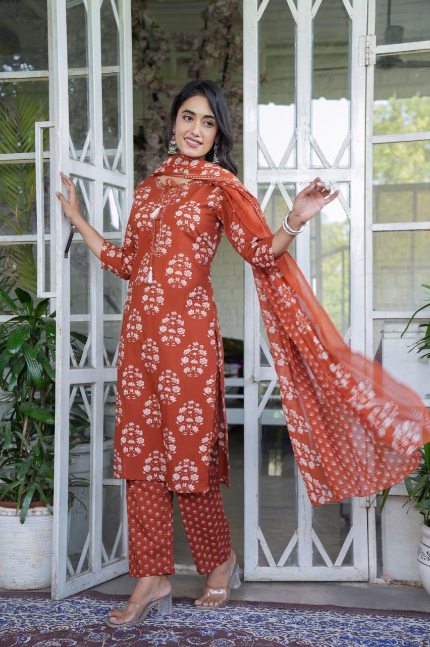 Handblock Printed Cotton Suit Set with Dupatta