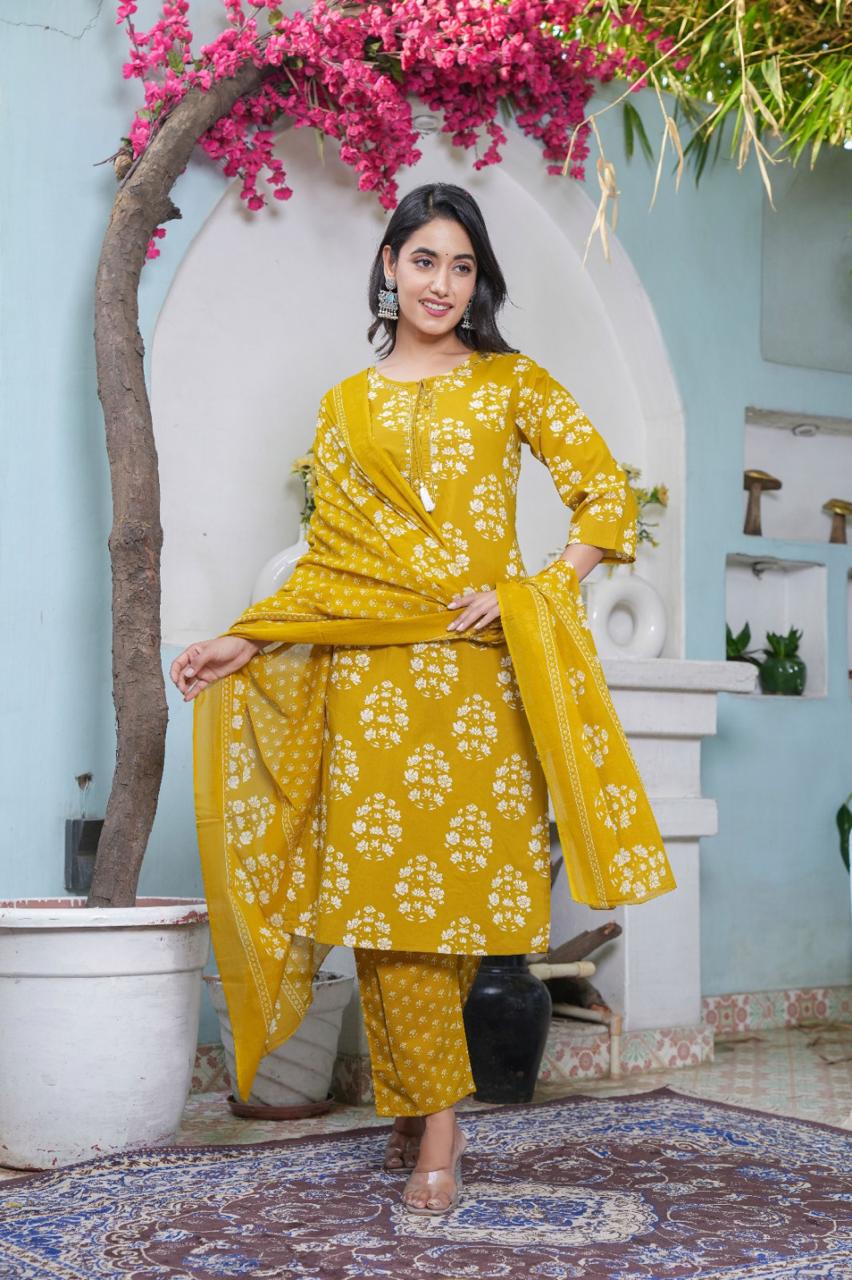 Handblock Printed Cotton Suit Set with Dupatta
