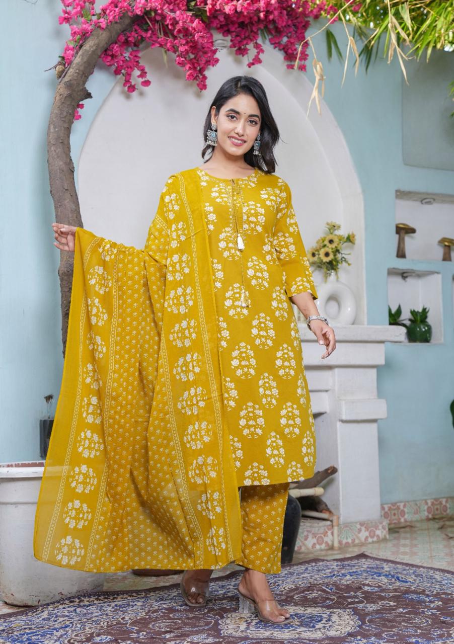 Handblock Printed Cotton Suit Set with Dupatta