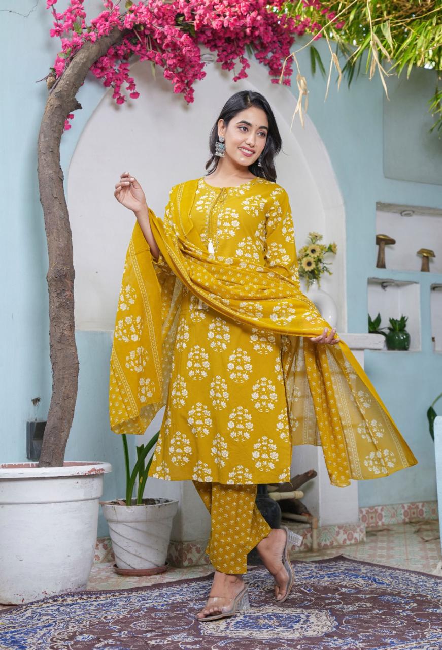 Handblock Printed Cotton Suit Set with Dupatta