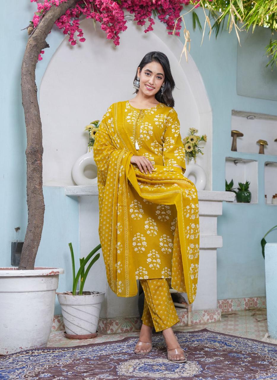 Handblock Printed Cotton Suit Set with Dupatta