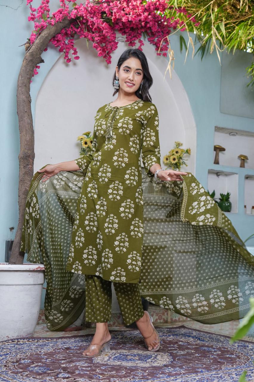 Handblock Printed Cotton Suit Set with Dupatta