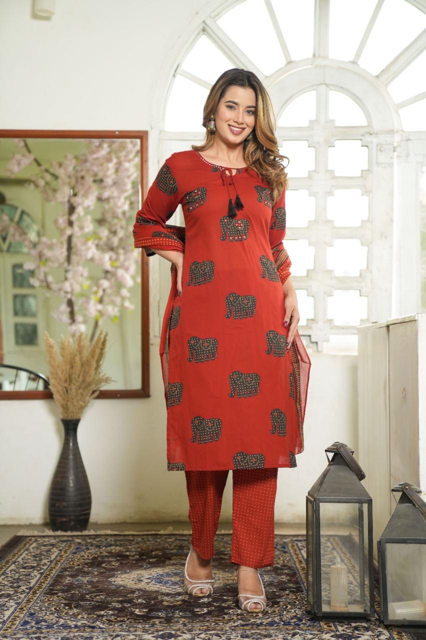 Elephant Print Cotton Suit Set with Dupatta