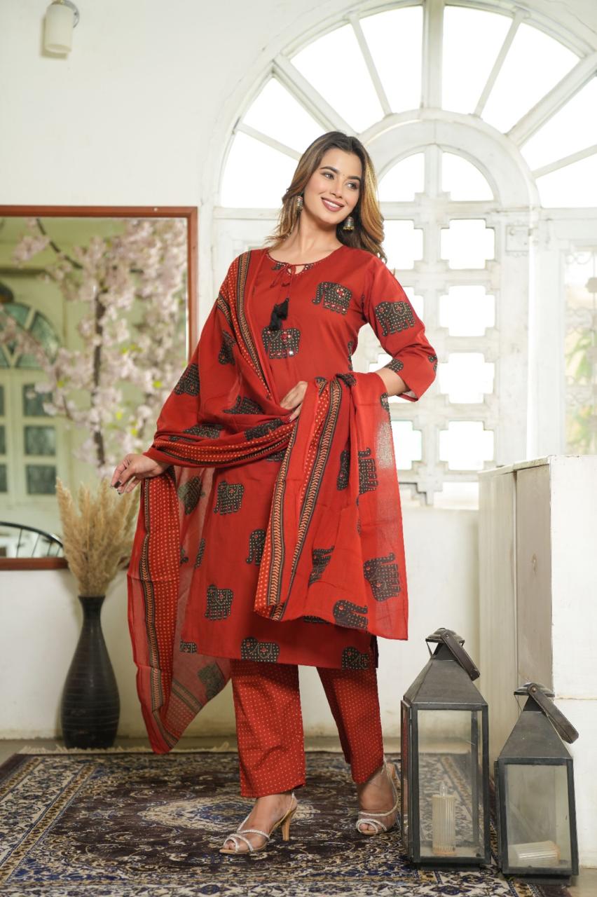 Elephant Print Cotton Suit Set with Dupatta