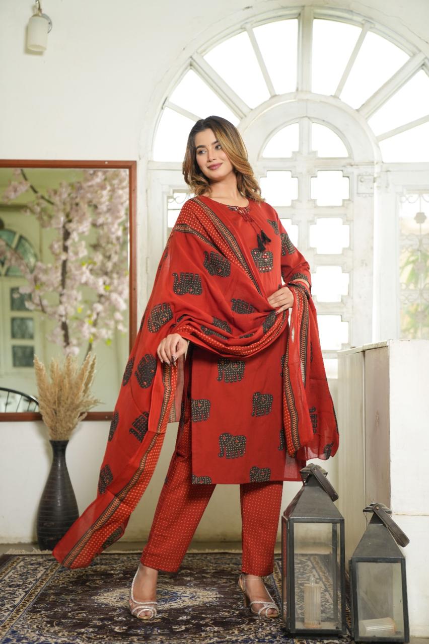 Elephant Print Cotton Suit Set with Dupatta