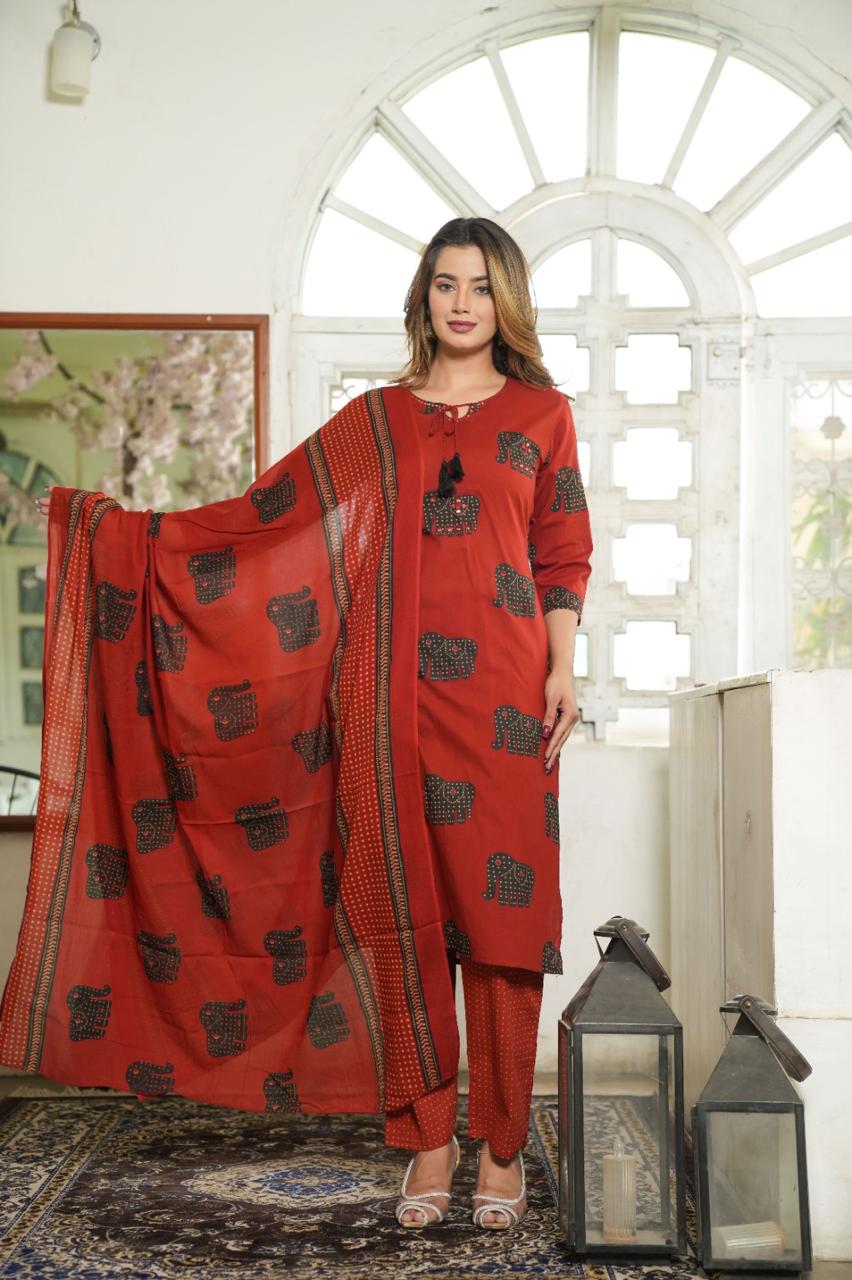 Elephant Print Cotton Suit Set with Dupatta