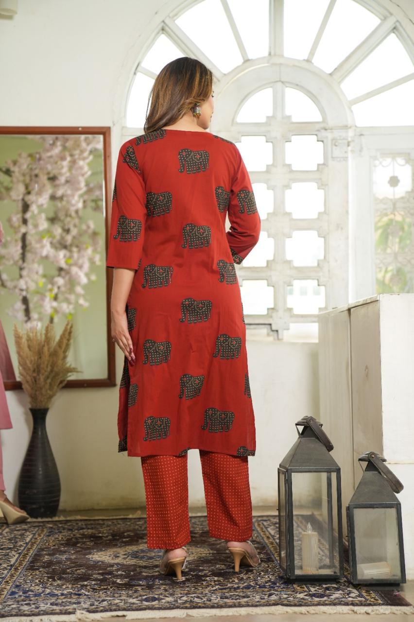 Elephant Print Cotton Suit Set with Dupatta
