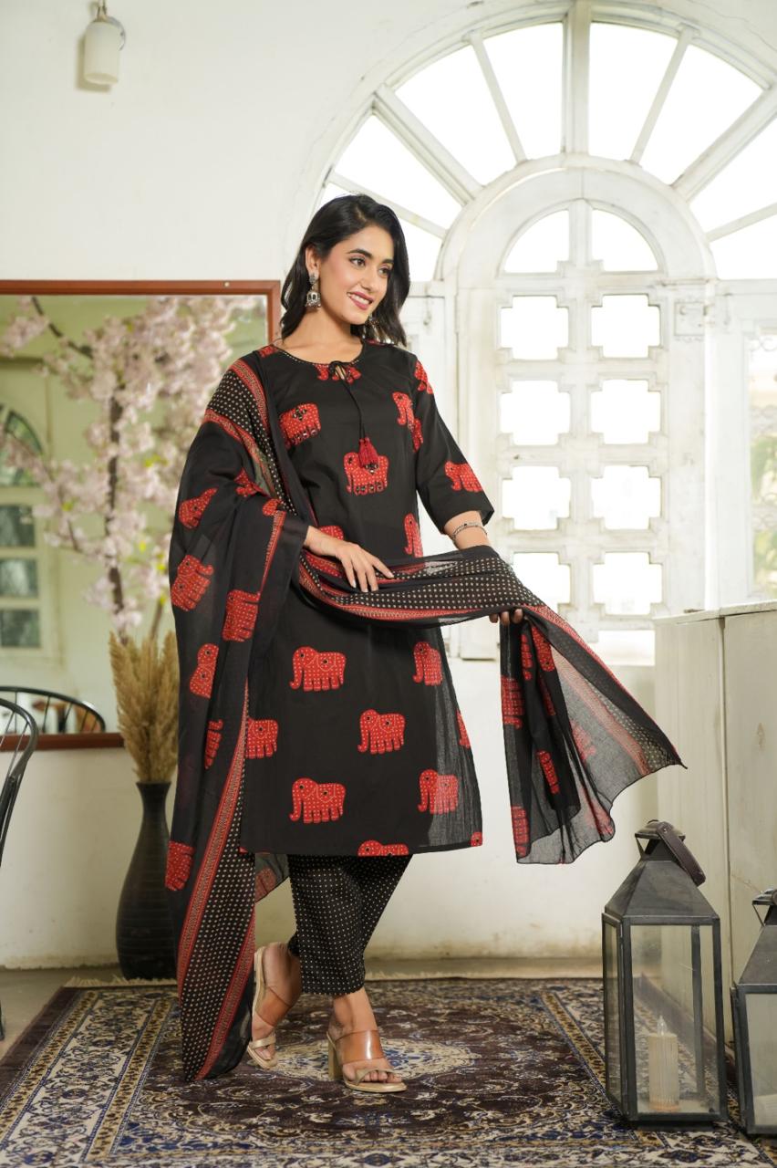 Elephant Print Cotton Suit Set with Dupatta
