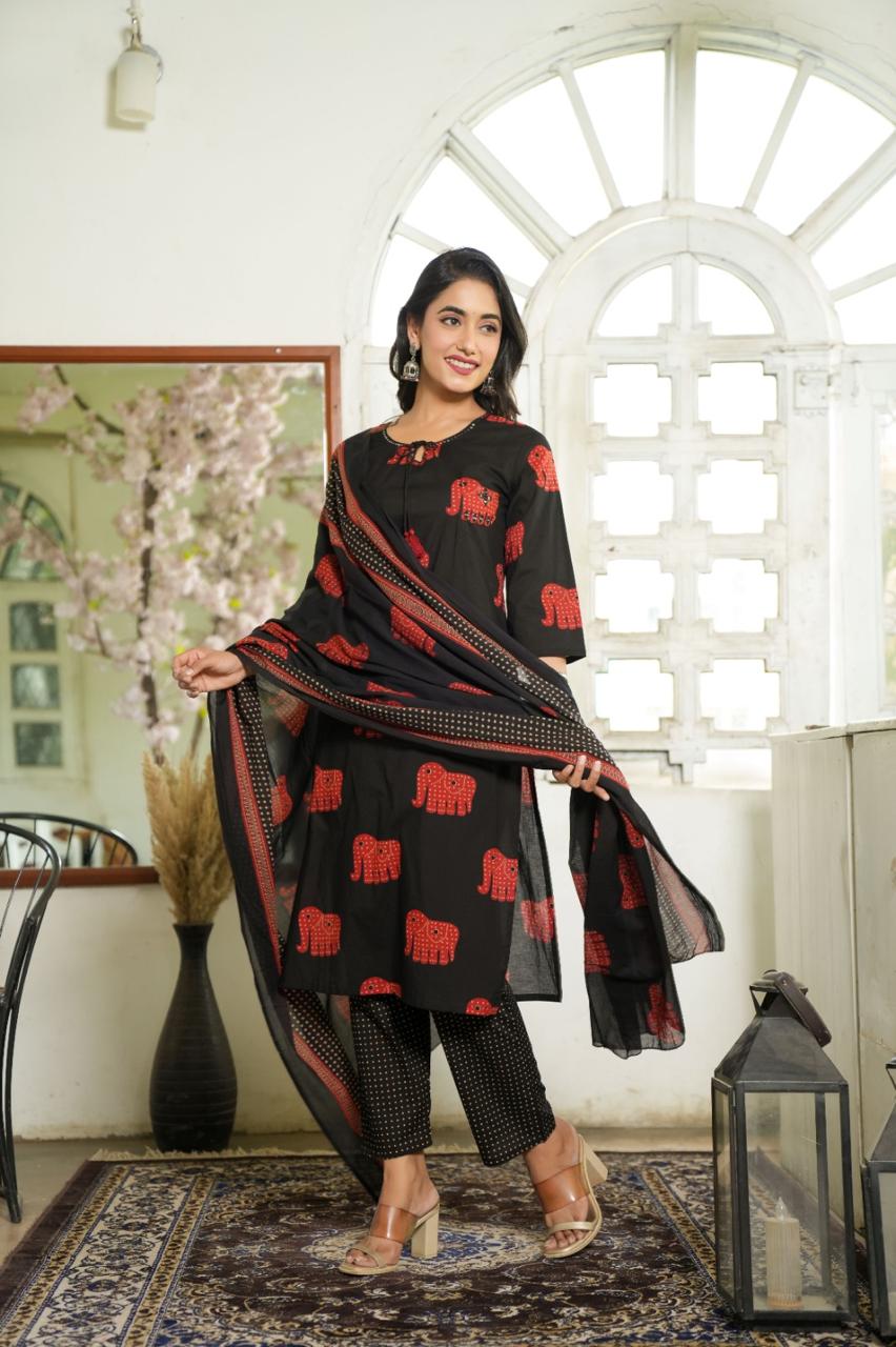 Elephant Print Cotton Suit Set with Dupatta