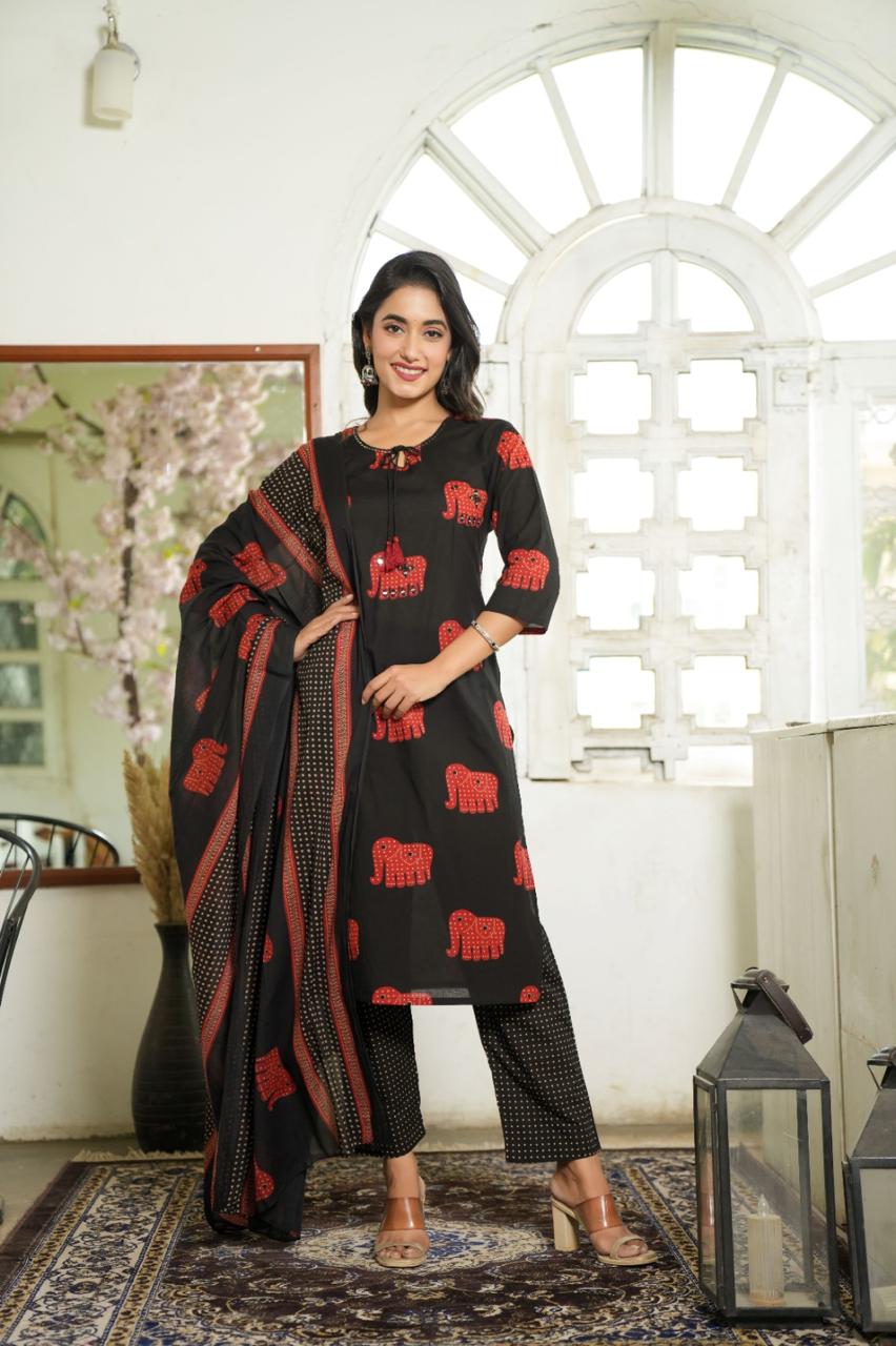 Elephant Print Cotton Suit Set with Dupatta