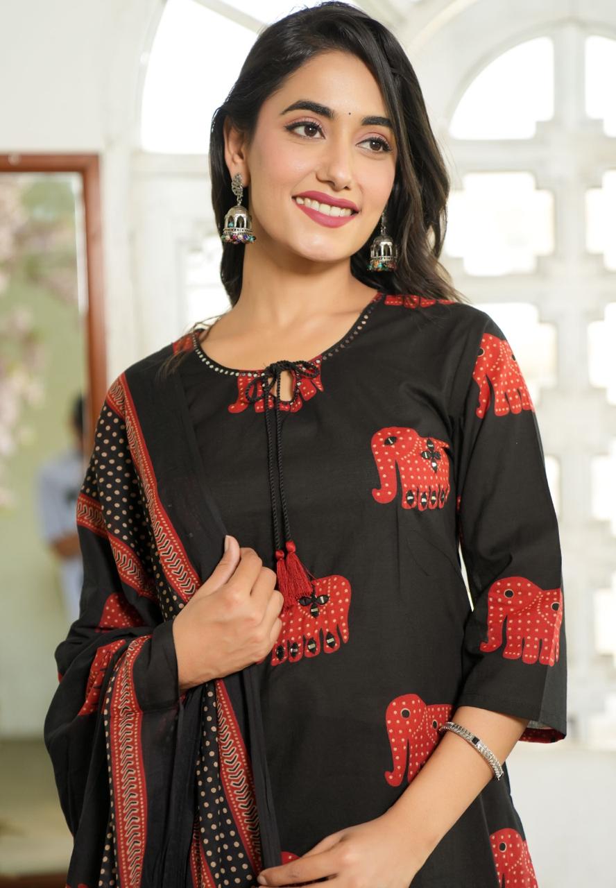 Elephant Print Cotton Suit Set with Dupatta