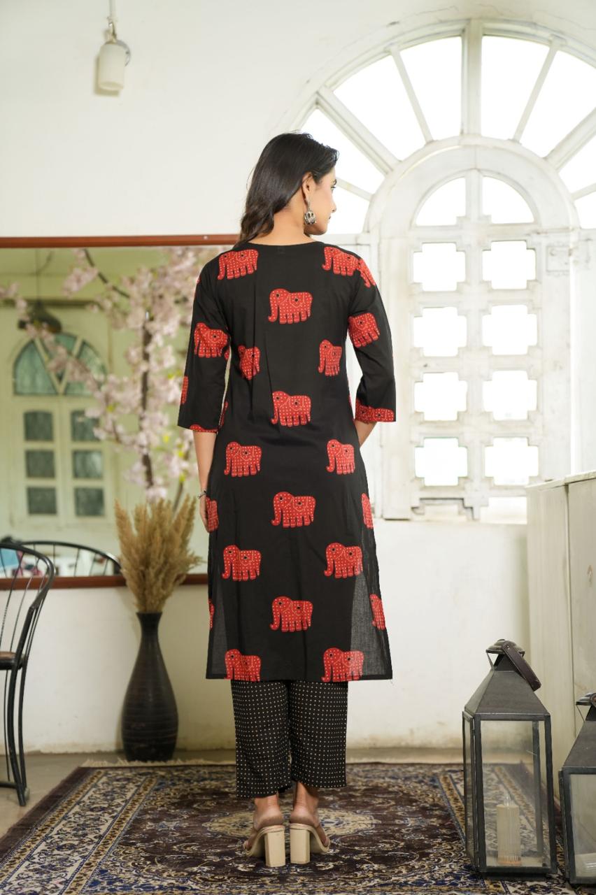 Elephant Print Cotton Suit Set with Dupatta