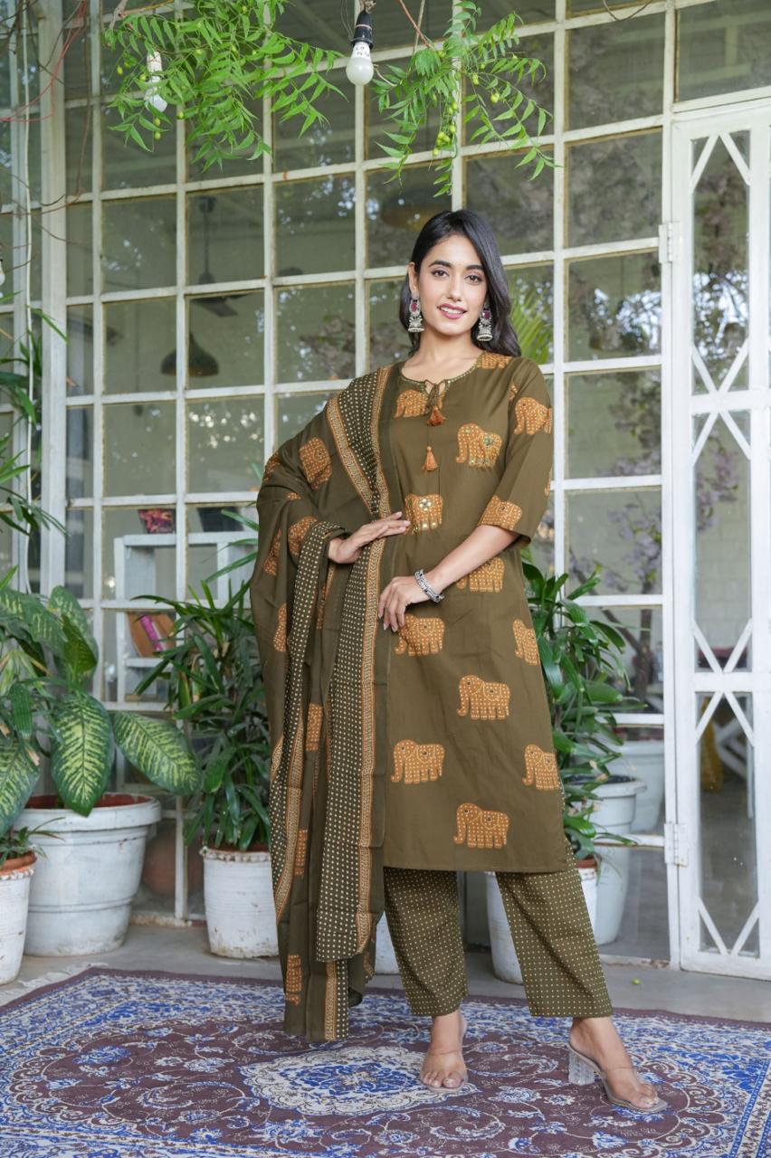 Elephant Print Cotton Suit Set with Dupatta