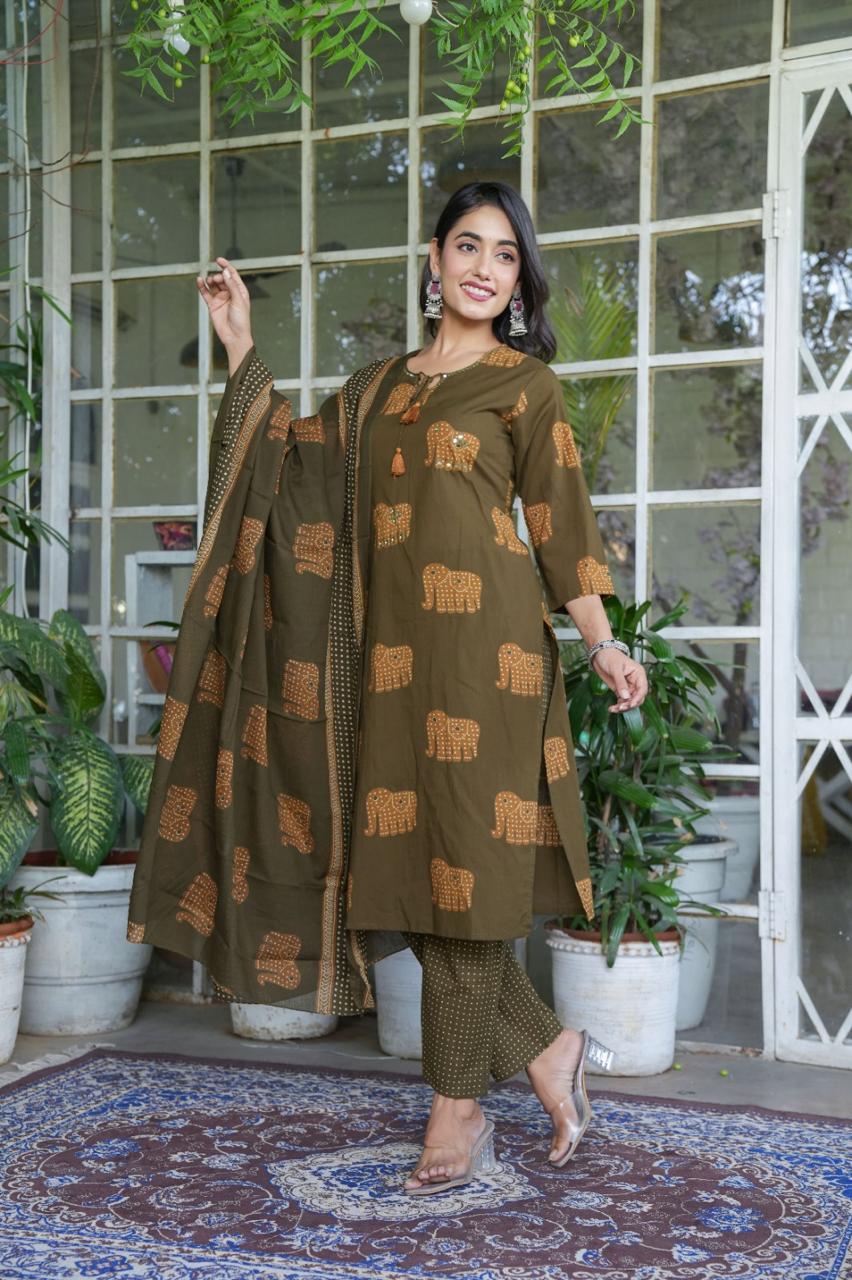 Elephant Print Cotton Suit Set with Dupatta