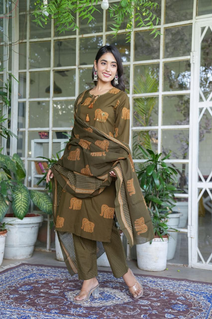 Elephant Print Cotton Suit Set with Dupatta