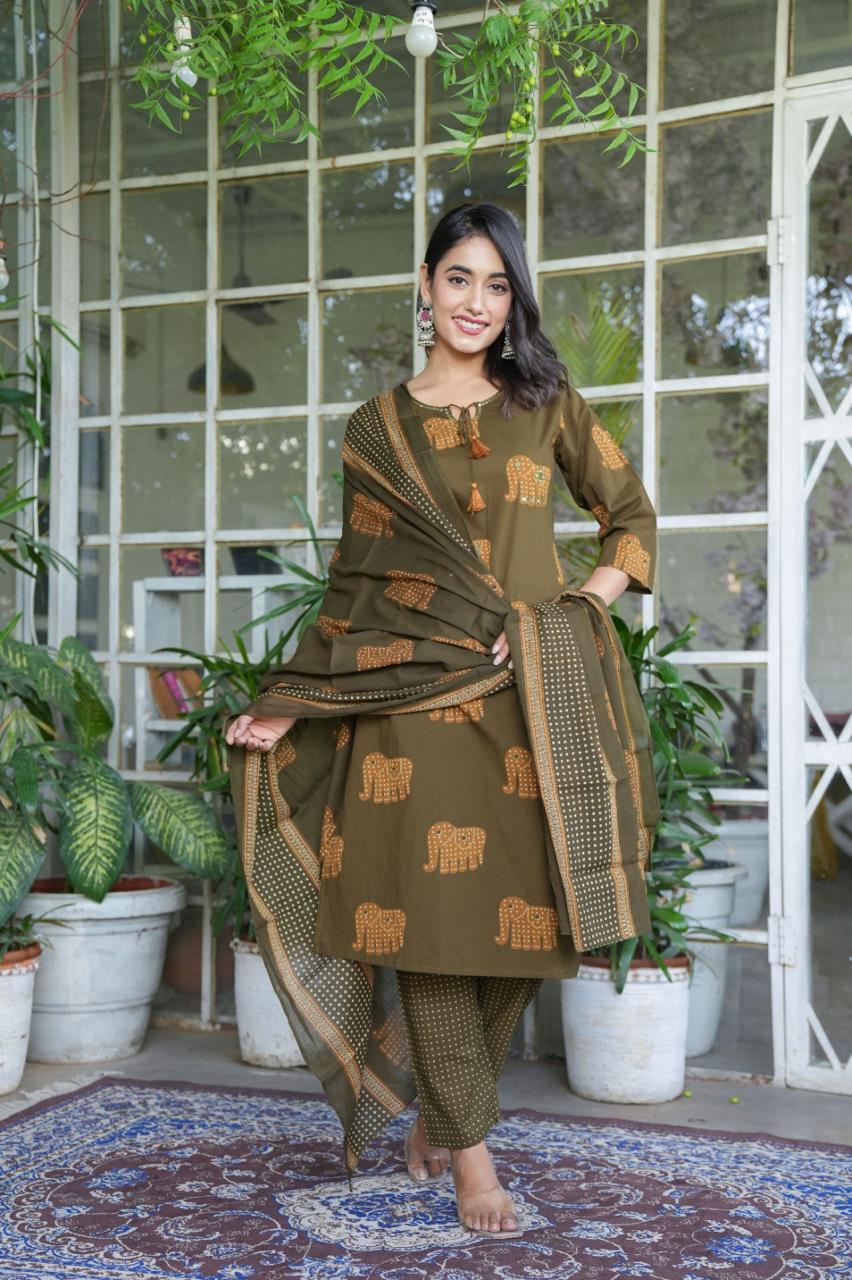 Elephant Print Cotton Suit Set with Dupatta
