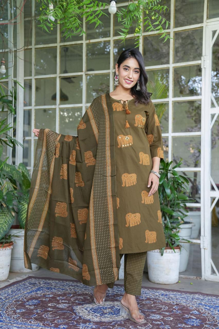 Elephant Print Cotton Suit Set with Dupatta