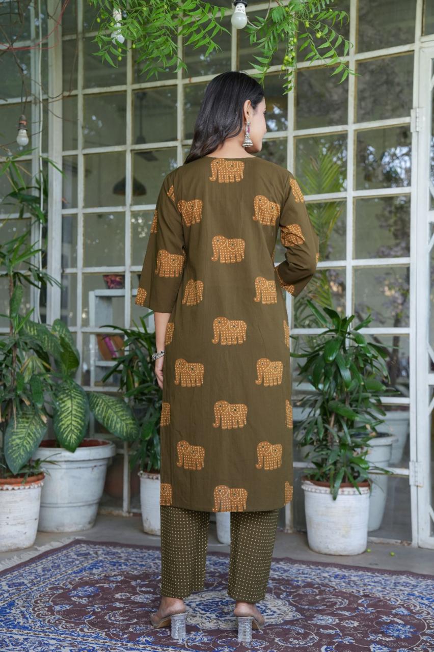 Elephant Print Cotton Suit Set with Dupatta