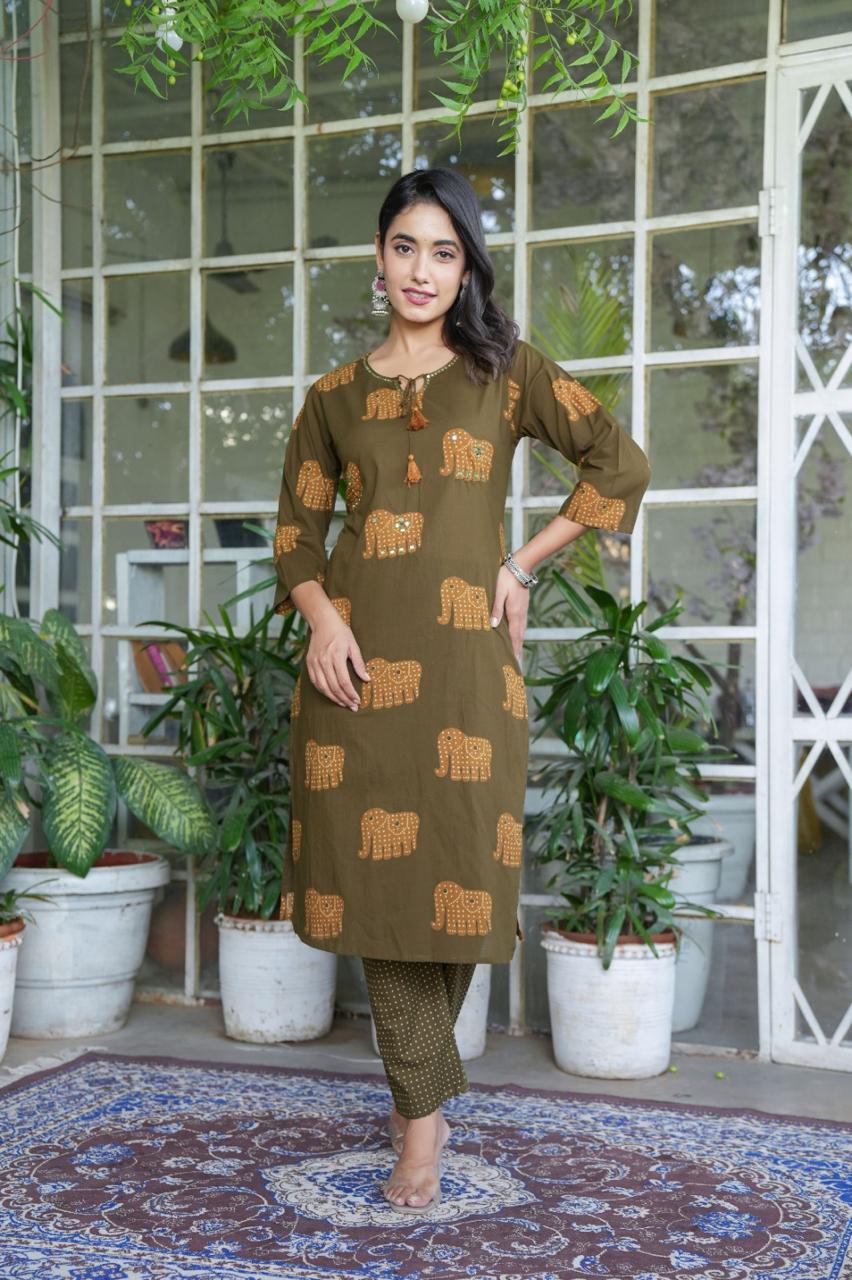 Elephant Print Cotton Suit Set with Dupatta
