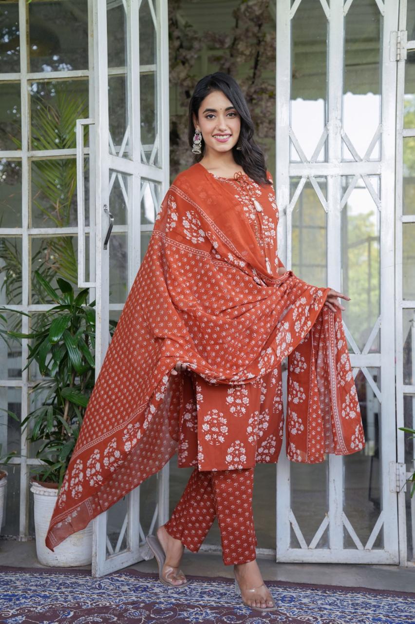 Handblock Printed Cotton Suit Set with Dupatta