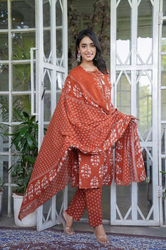 Handblock Printed Cotton Suit Set with Dupatta