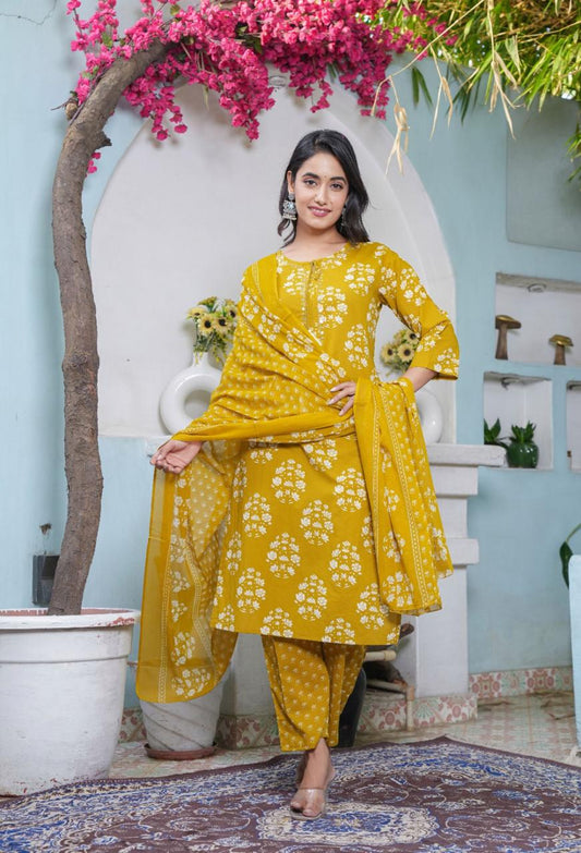 Handblock Printed Cotton Suit Set with Dupatta