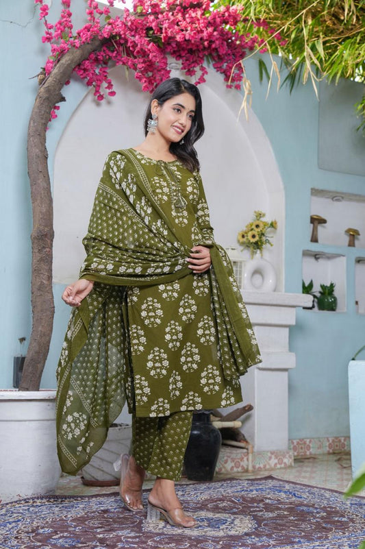 Handblock Printed Cotton Suit Set with Dupatta