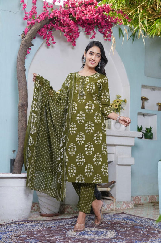 Handblock Printed Cotton Suit Set with Dupatta