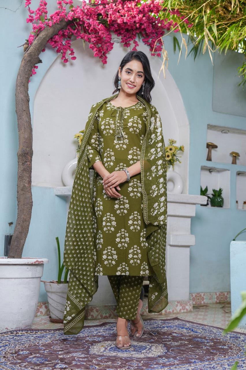 Handblock Printed Cotton Suit Set with Dupatta