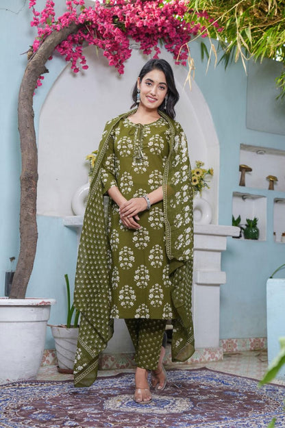 Handblock Printed Cotton Suit Set with Dupatta