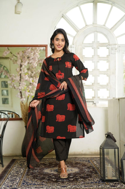Elephant Print Cotton Suit Set with Dupatta