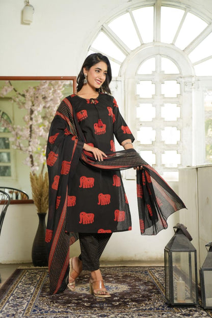 Elephant Print Cotton Suit Set with Dupatta
