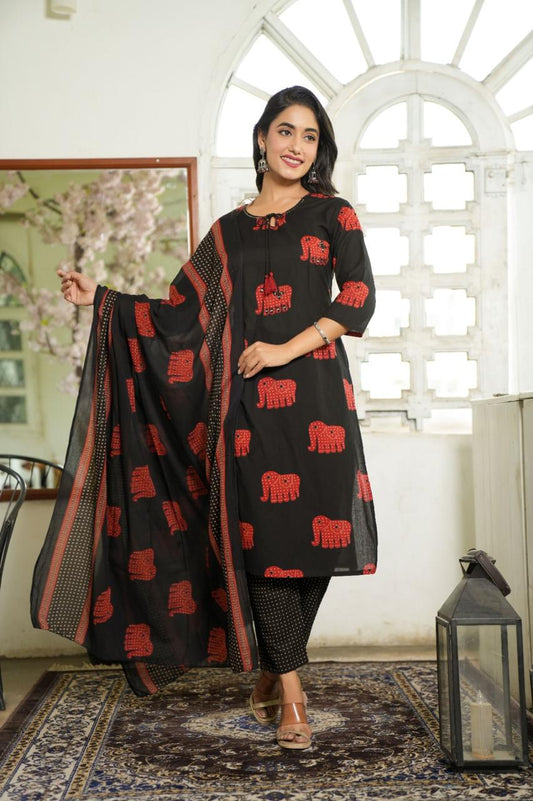 Elephant Print Cotton Suit Set with Dupatta