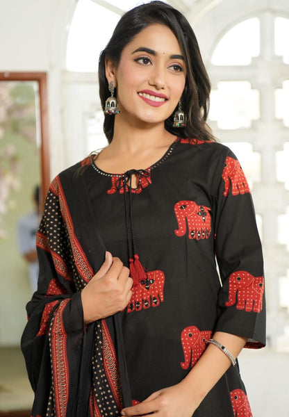 Elephant Print Cotton Suit Set with Dupatta