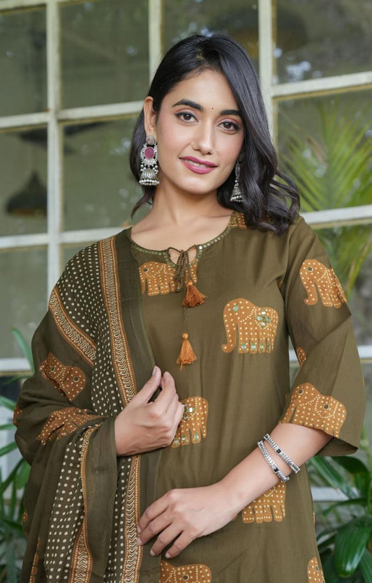 Elephant Print Cotton Suit Set with Dupatta