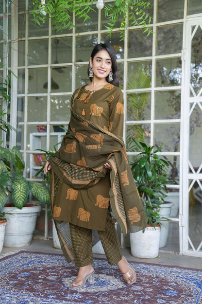 Elephant Print Cotton Suit Set with Dupatta