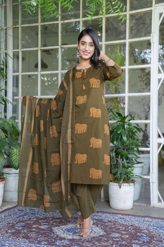 Elephant Print Cotton Suit Set with Dupatta