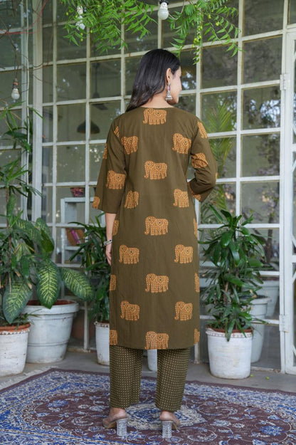 Elephant Print Cotton Suit Set with Dupatta